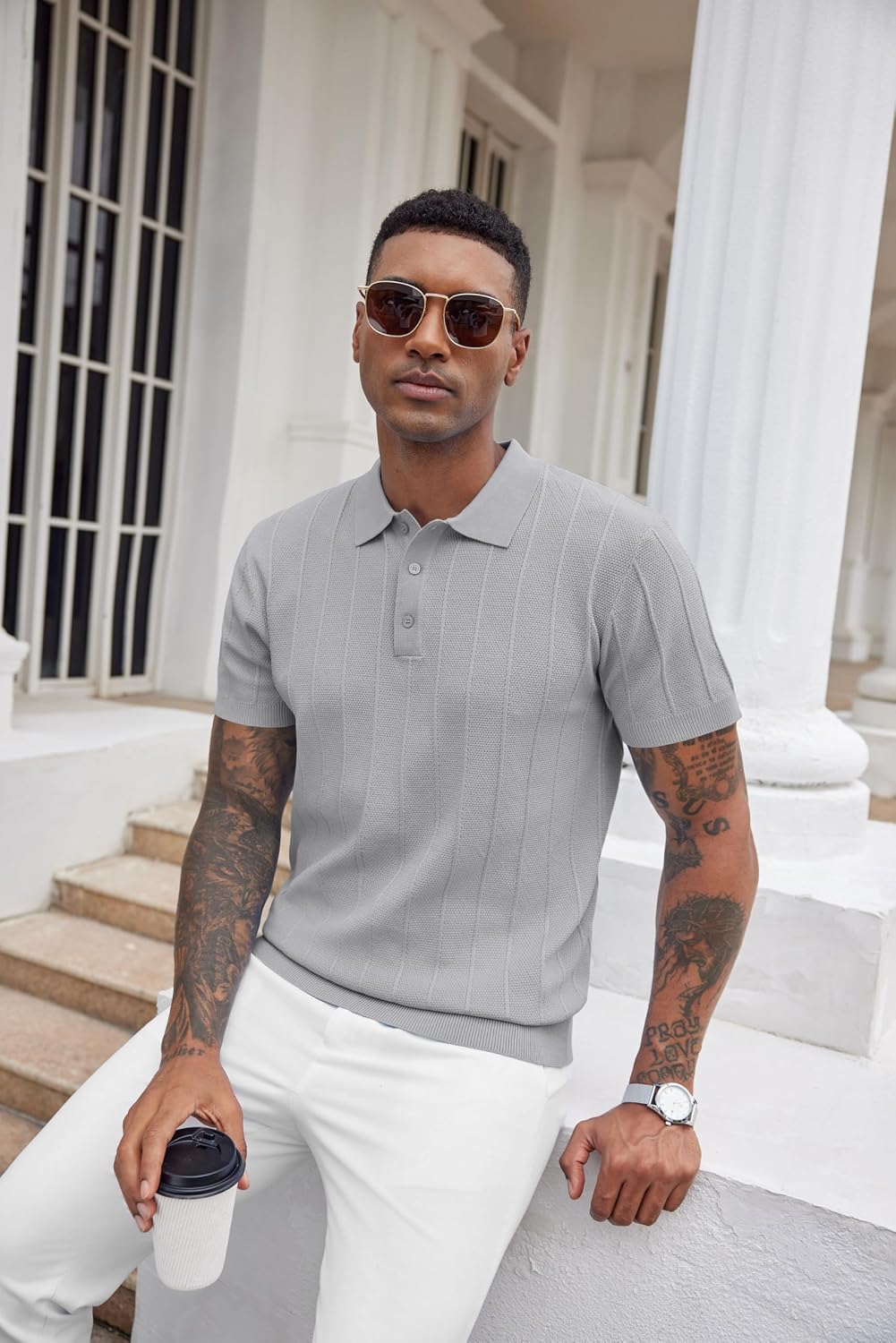 Knit Polo Shirts Short Sleeve Ribbed Textured Polo Shirt image 2