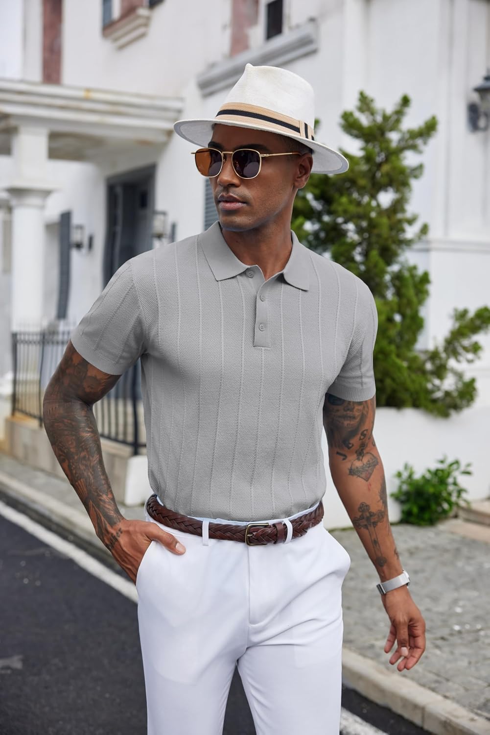 Knit Polo Shirts Short Sleeve Ribbed Textured Polo Shirt image 3